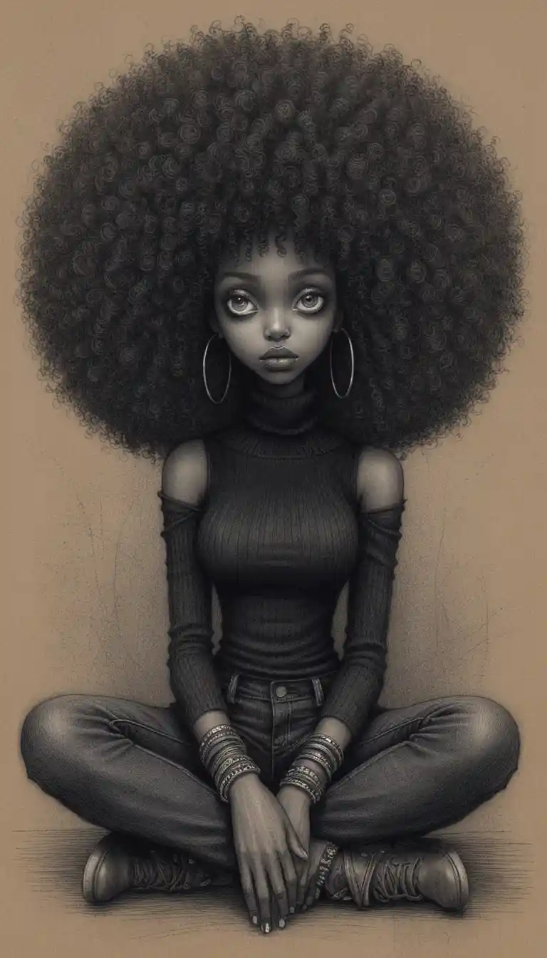 Femme noire sombre aux grands yeux blancs dans un dessin au graphite
