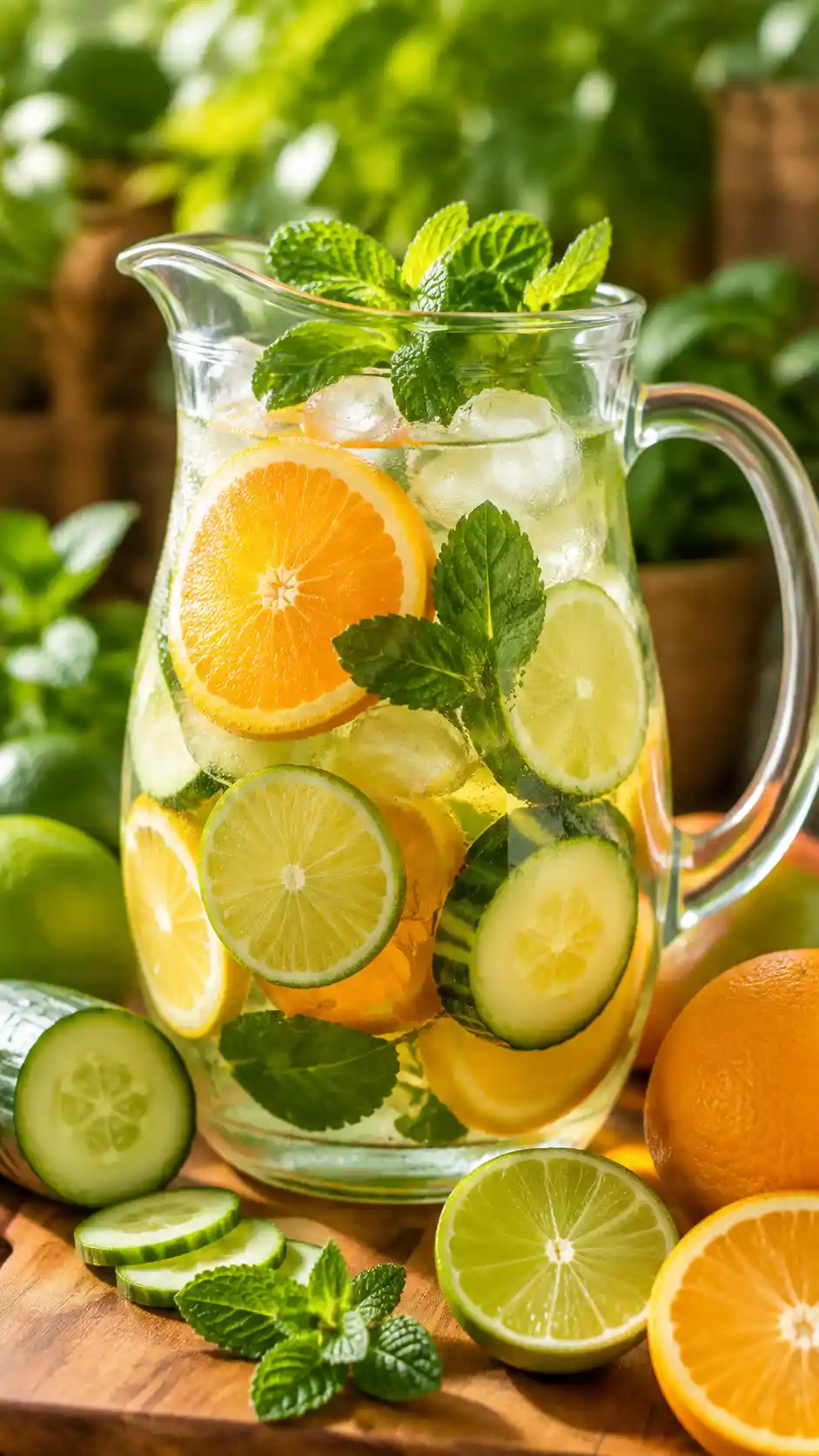 Refreshing citrus infused drink in a clear glass pitcher
