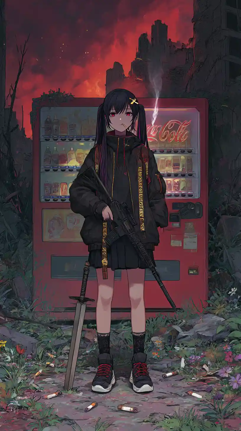 Anime girl aiming a rifle in a burning war zone