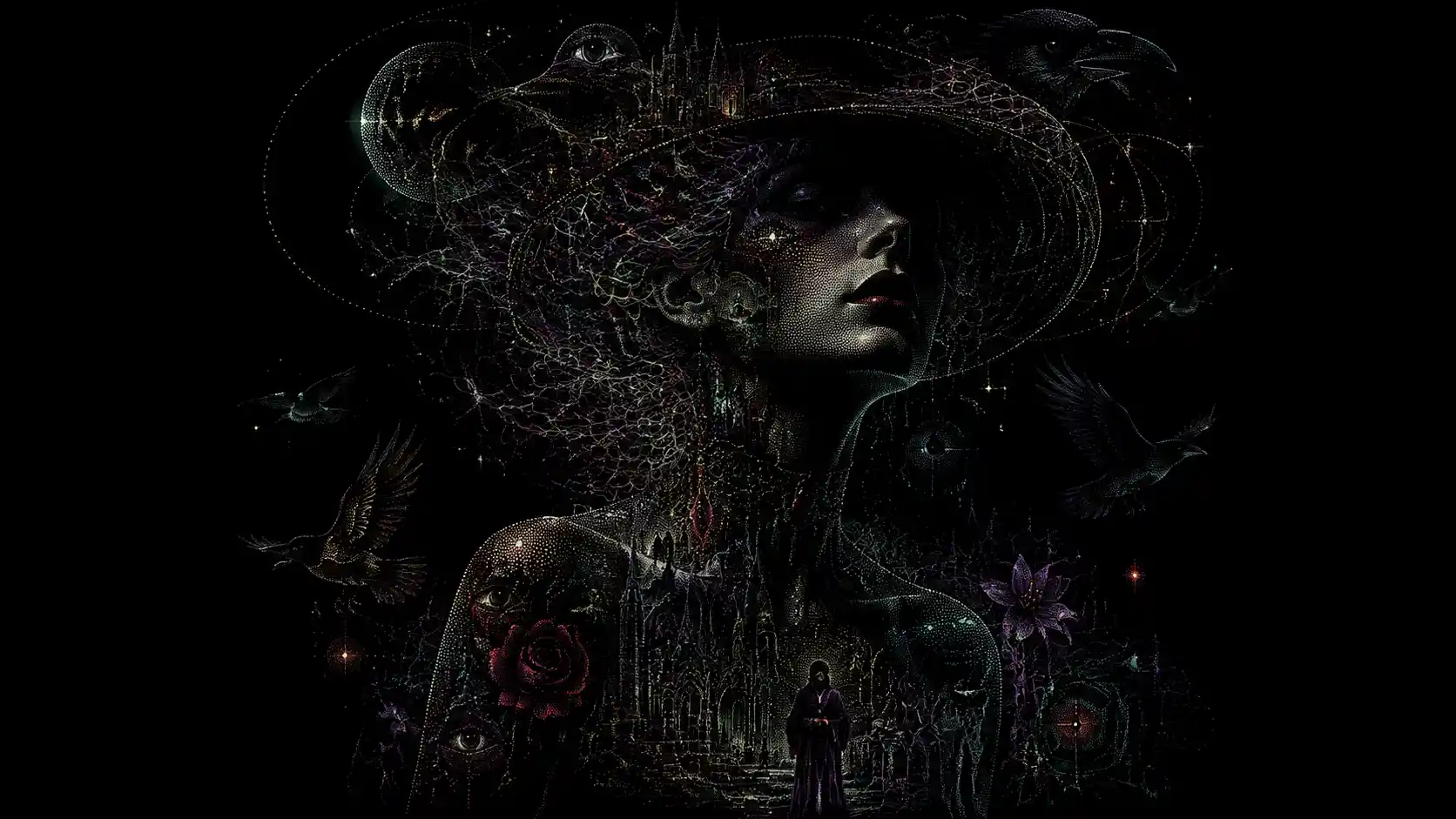 Mulher gótica surreal emergindo de uma escuridão pontilhada luminosa