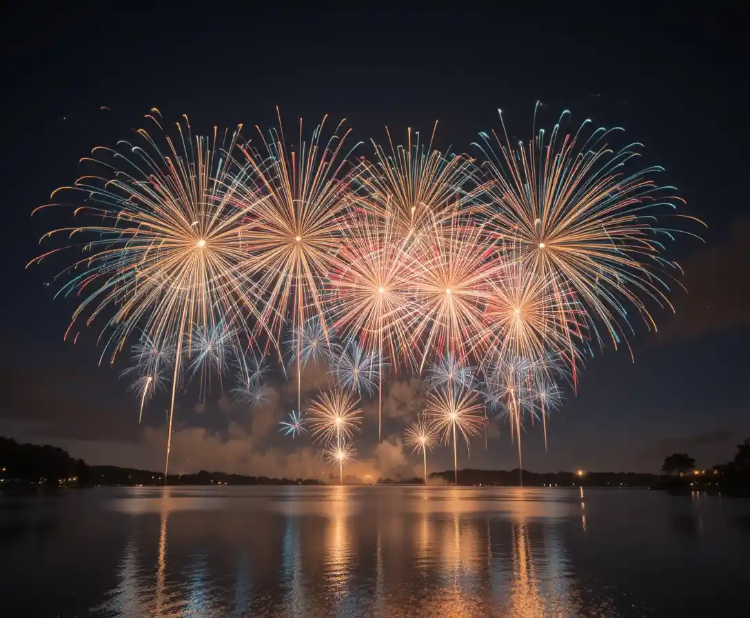 Colorful fireworks exploding over a calm night lake