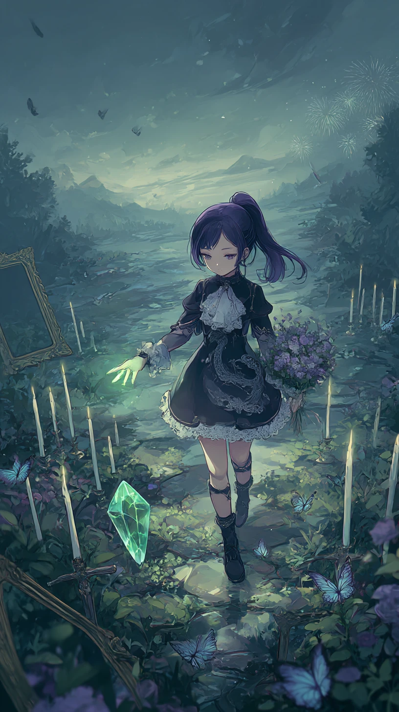 Sad anime girl walking through a field of crystal swords