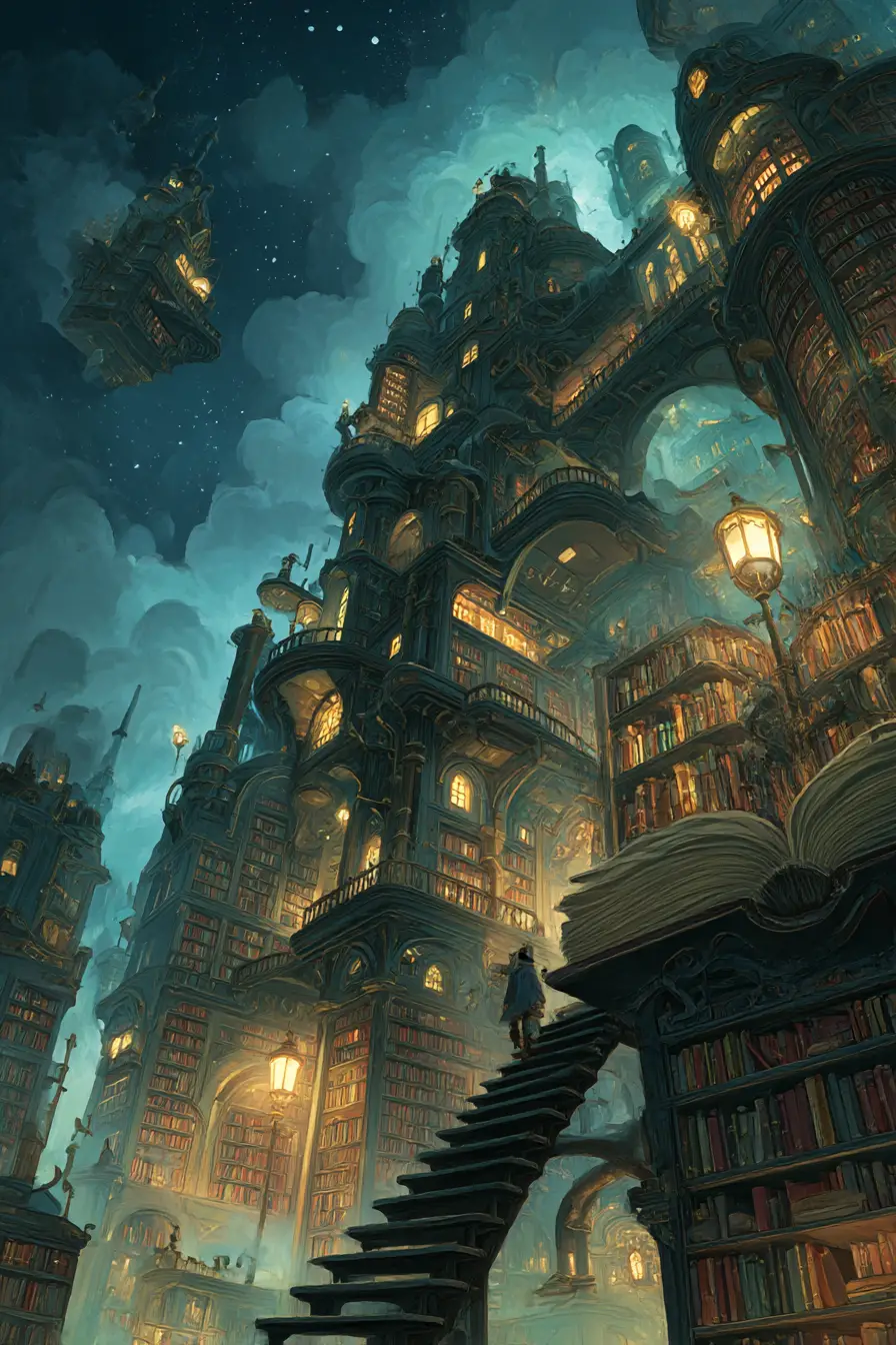 Towering steampunk library under a swirling twilight sky