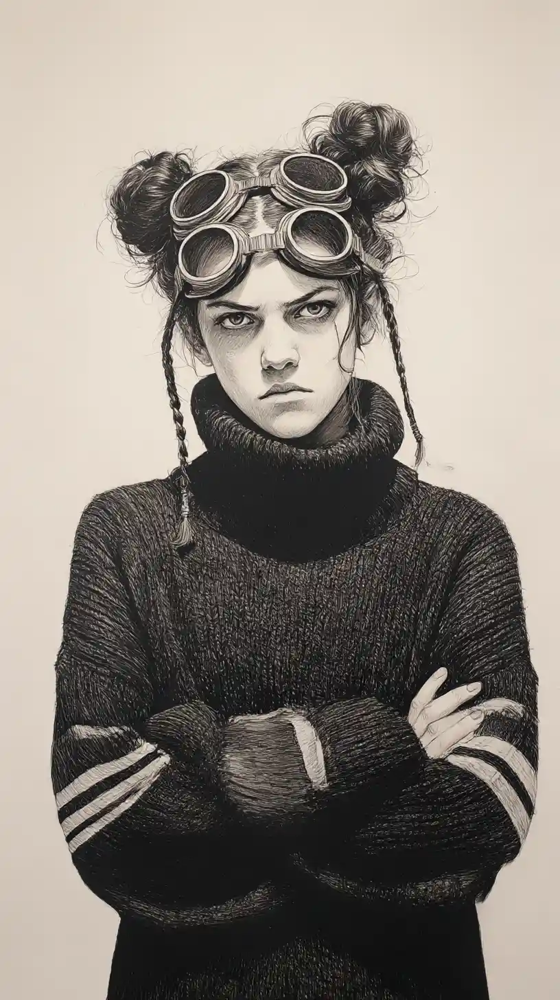 Moody girl in goggles pencil portrait with crossed arms