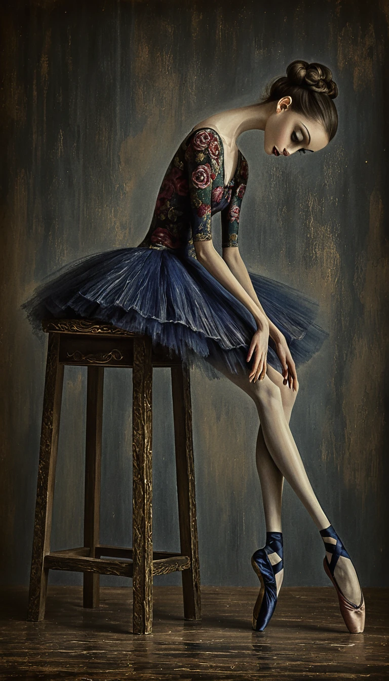 Bailarina melancólica em banco de madeira gasto na arte digital