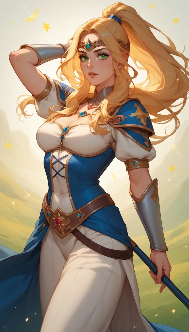 Playful anime warrior woman at golden sunset