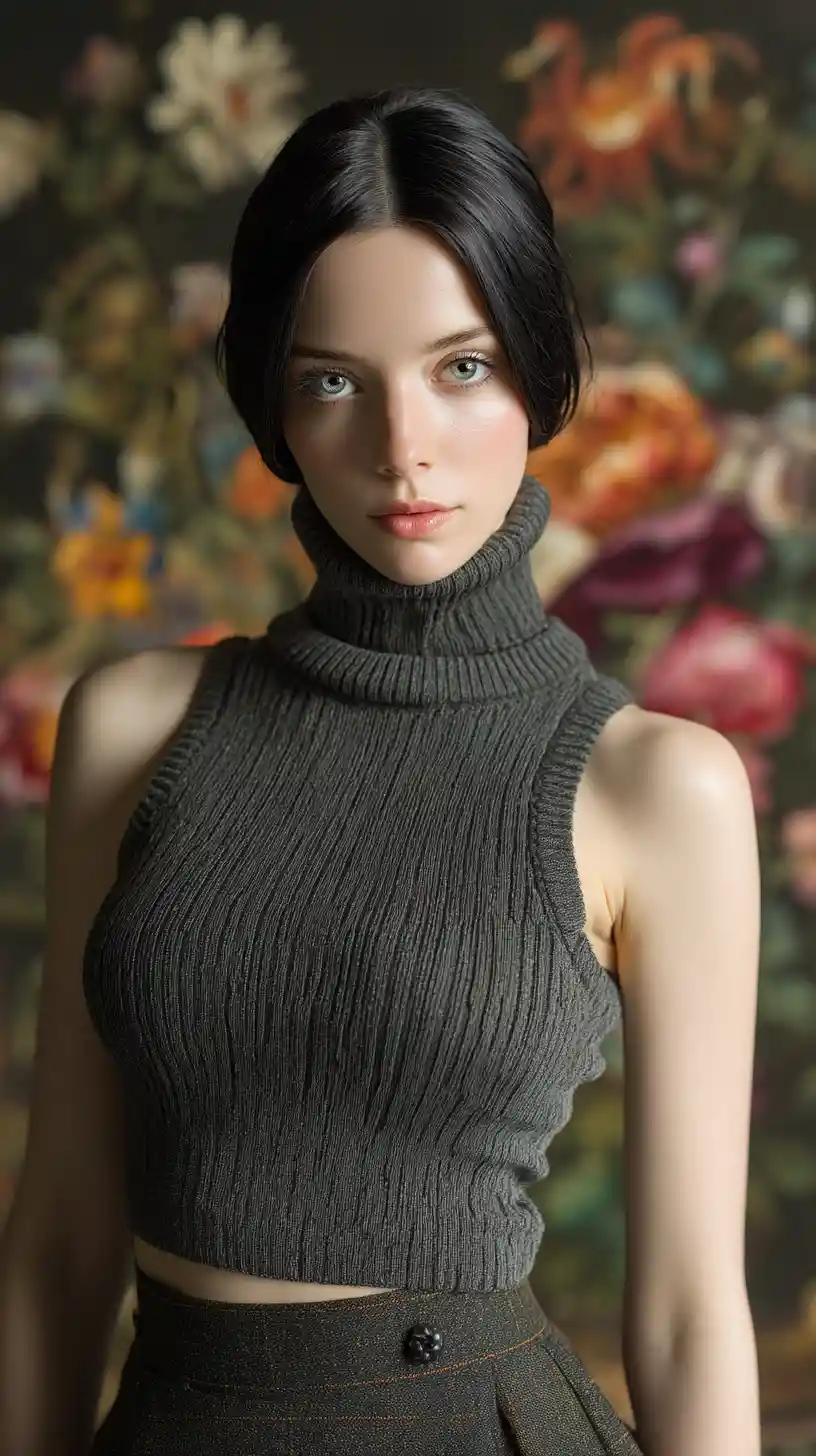 高領無袖上衣自信女性與花牆背景