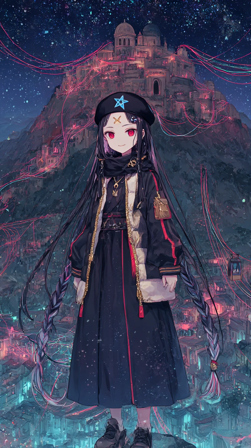 Dunkles Anime-Mädchen mit verschnürter Jacke und finsterem Lächeln
