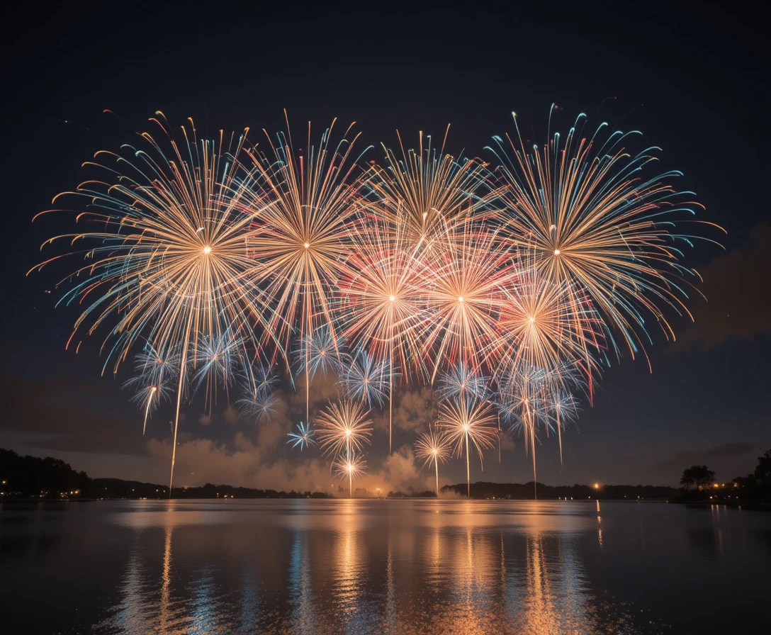 Feux d’artifice colorés explosant au-dessus d’un lac calme de nuit