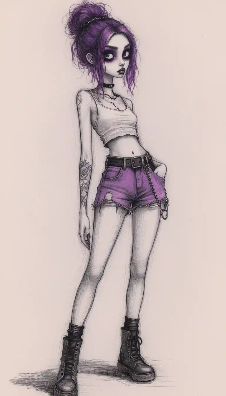 Goth girl portrait with oversized eyes in pencil drawing