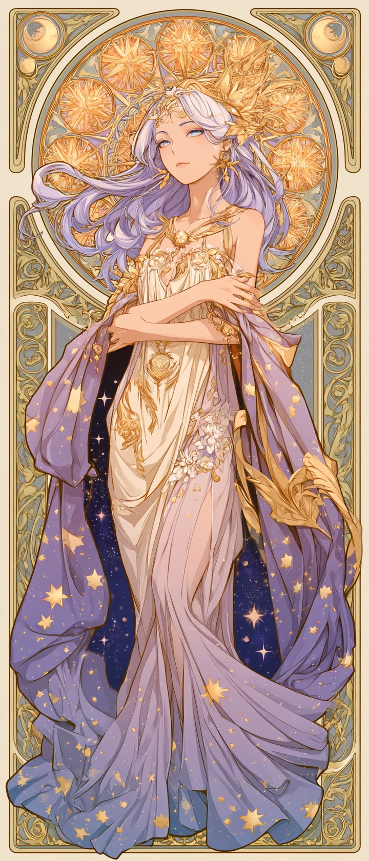 Deusa celestial de anime em seda cósmica fluida e ouro
