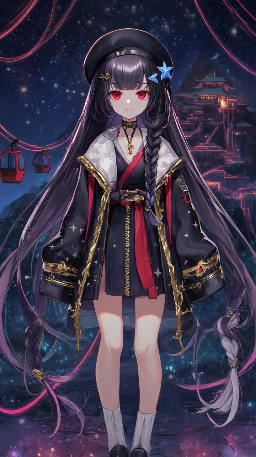 Fille d’anime sinistre aux cheveux noirs et veste bordée d’or