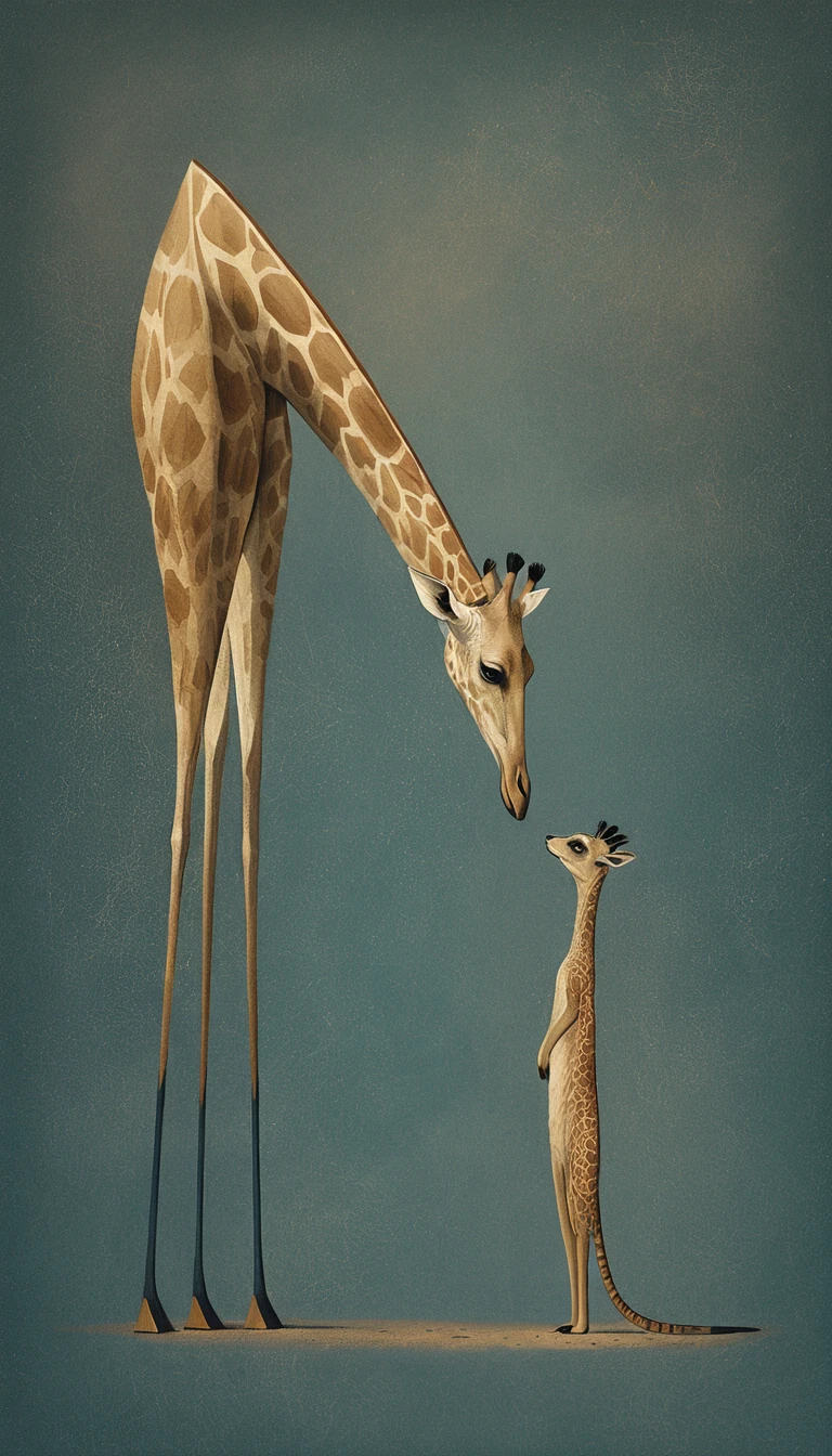 Surreale Begegnung von Giraffe und Erdmännchen im minimalistischen Vintage-Stil