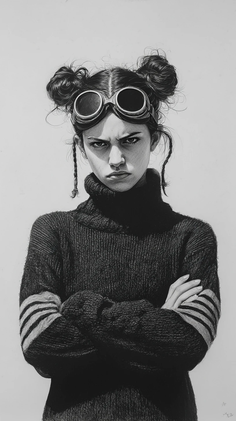 Moody girl with goggles in black and white pencil portrait