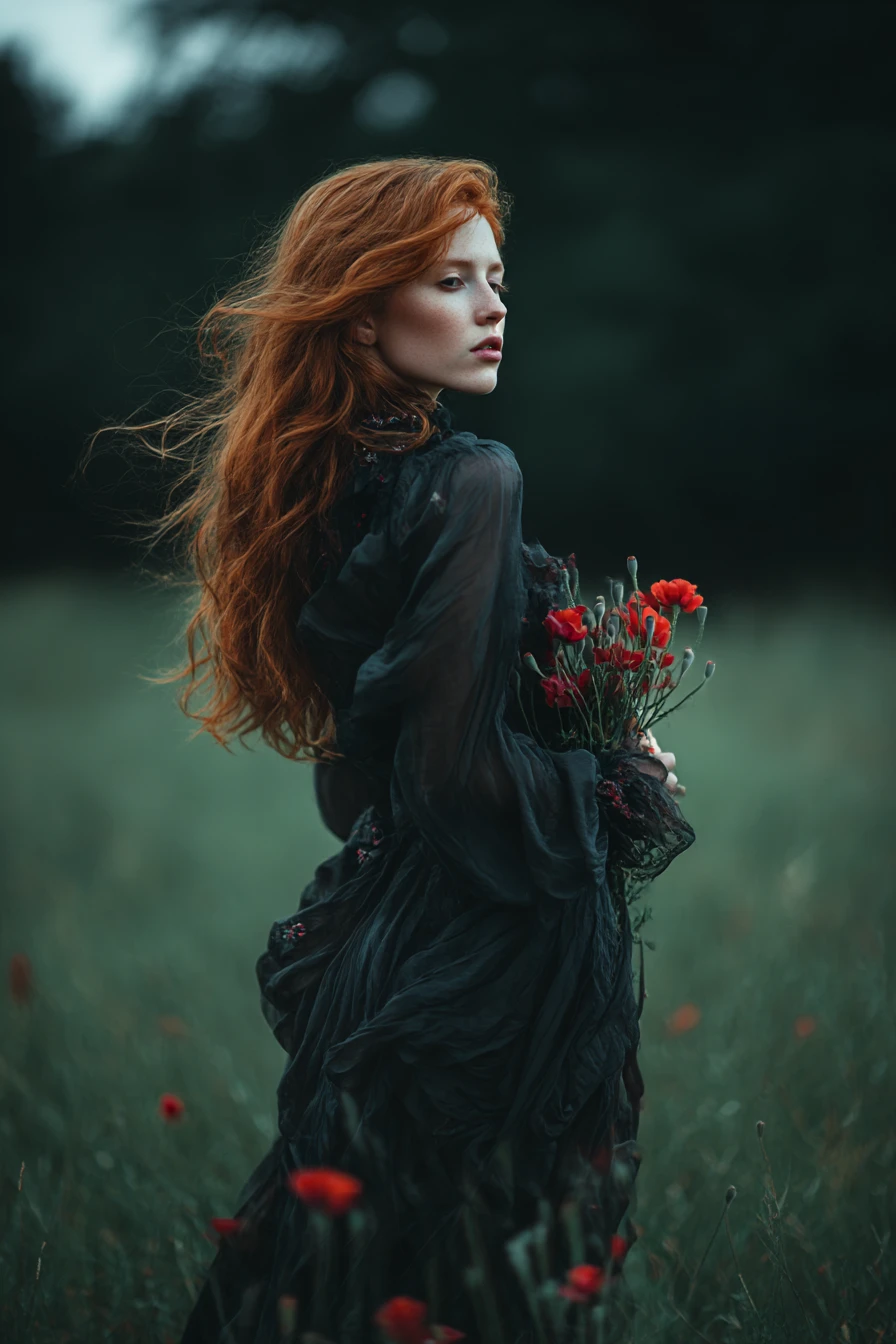 Mulher anime ruiva em um prado ao entardecer com flores silvestres