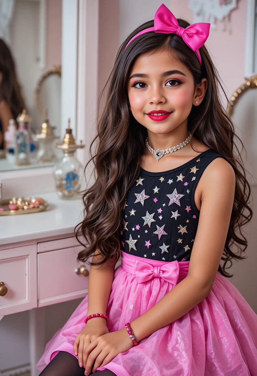Menina pré-adolescente latina com vestido rosa de estrelas na penteadeira do quarto
