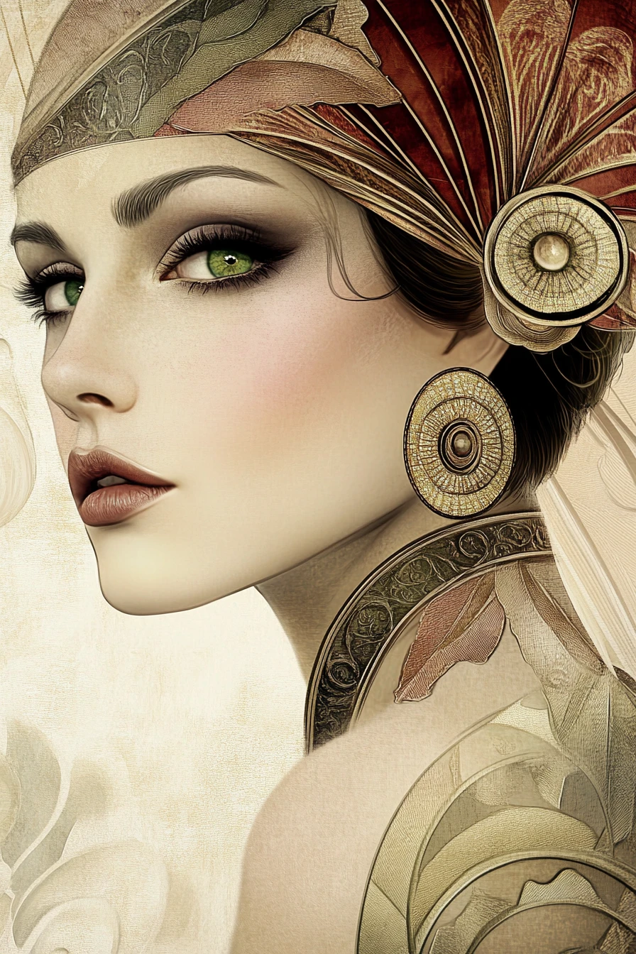 Retrato digital ornamentado de uma mulher com cocar estilizado