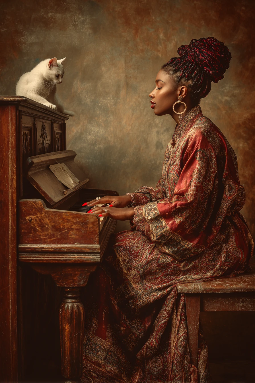 Elegant woman in red braids playing piano with white cat