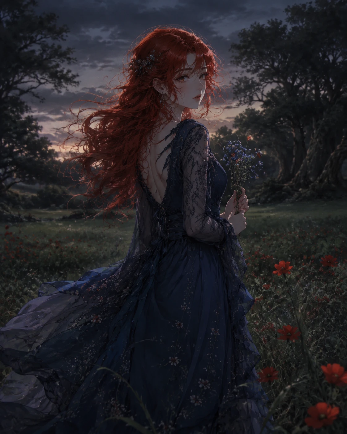 Femme d'anime aux cheveux roux dans une prairie sombre au crépuscule
