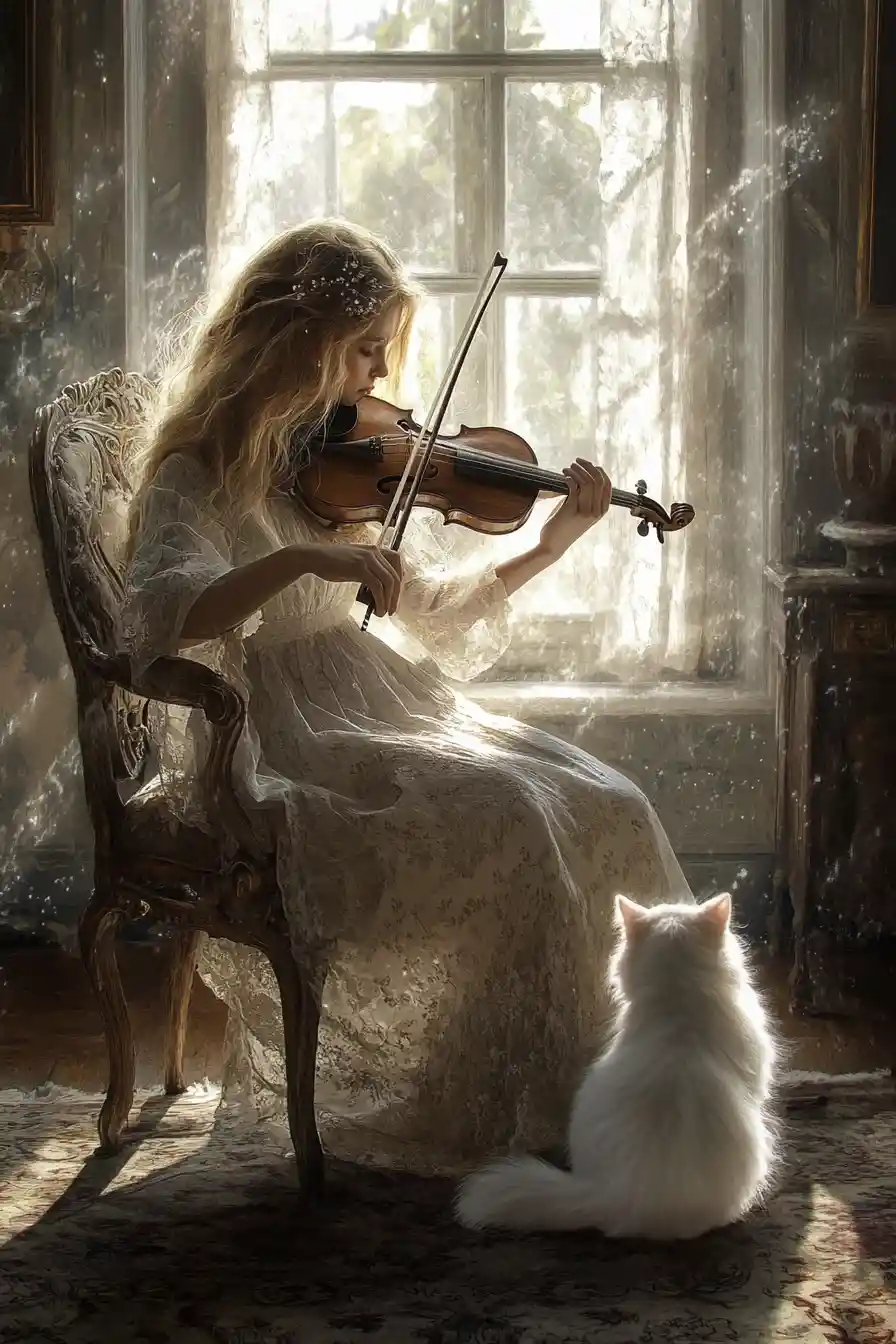 Young woman playing violin beside a sunlit window