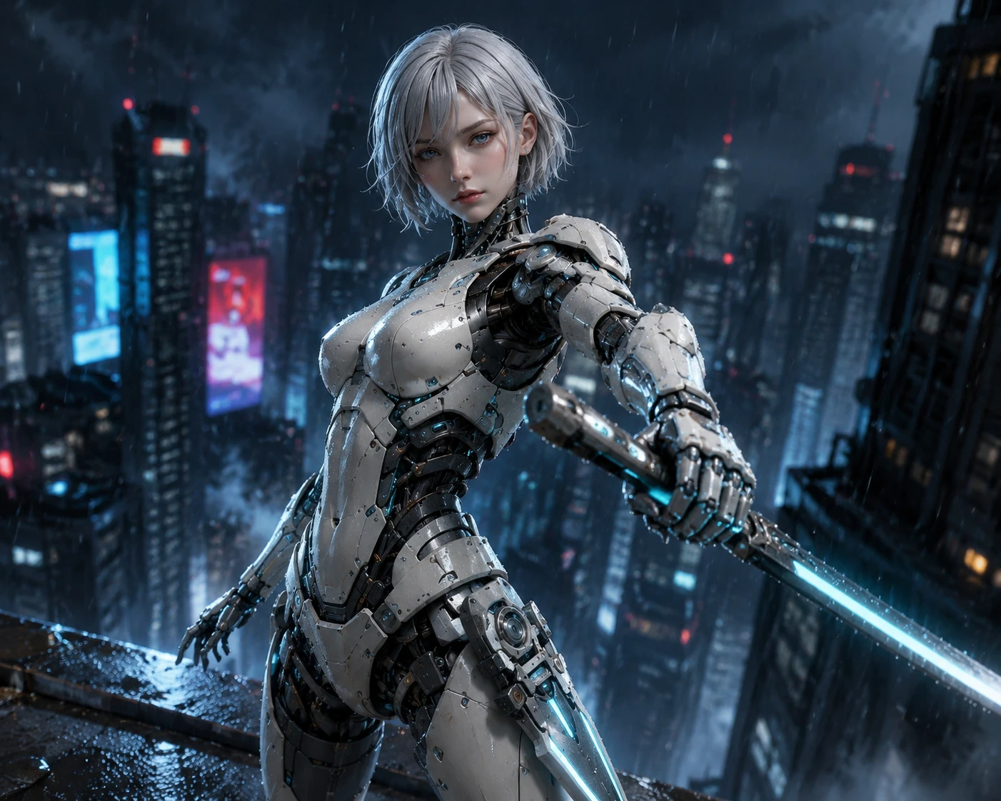 Androide feminina em arranha-céu encharcado de chuva em cidade futurista