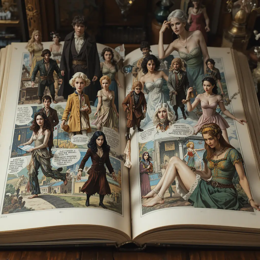 Personaggi fantasy che escono da un libro di storie aperto