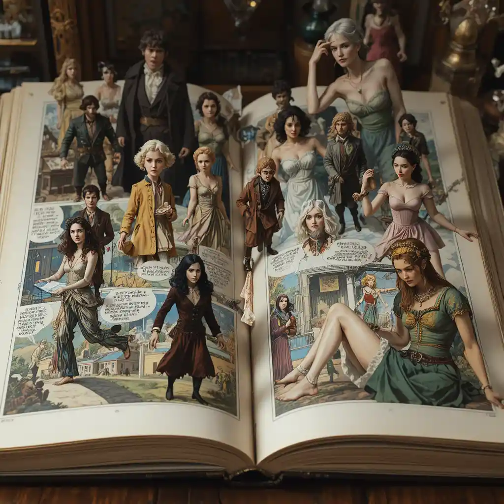 Fantasy characters climbing out from an open storybook