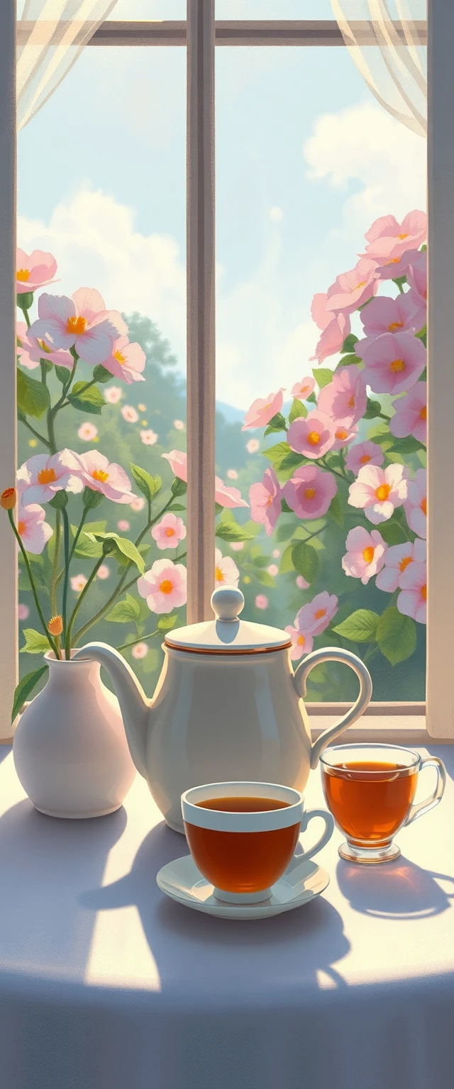 Honigglas und Teetasse auf einem pastellfarbenen sonnigen Tisch