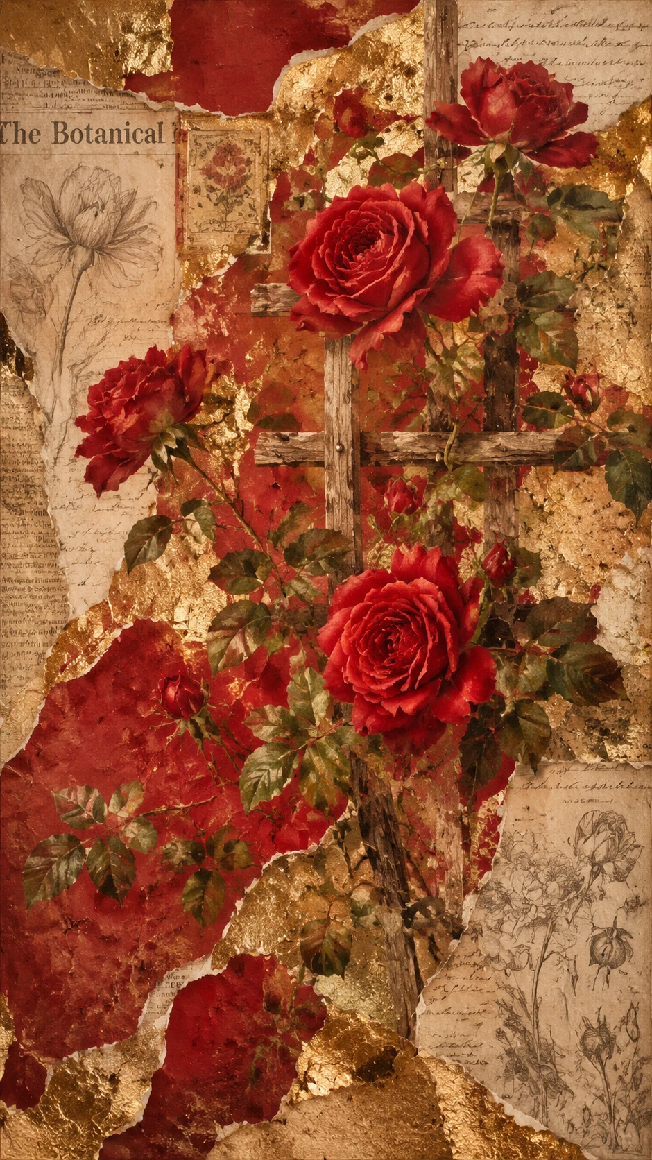 Red climbing roses on trellis with vintage paper collage