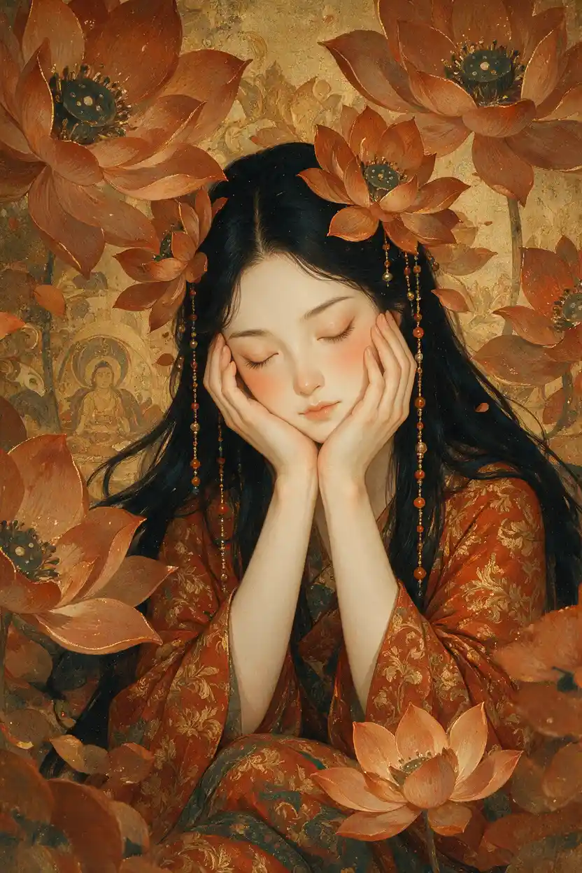 Peaceful girl framed by orange lotus blossoms