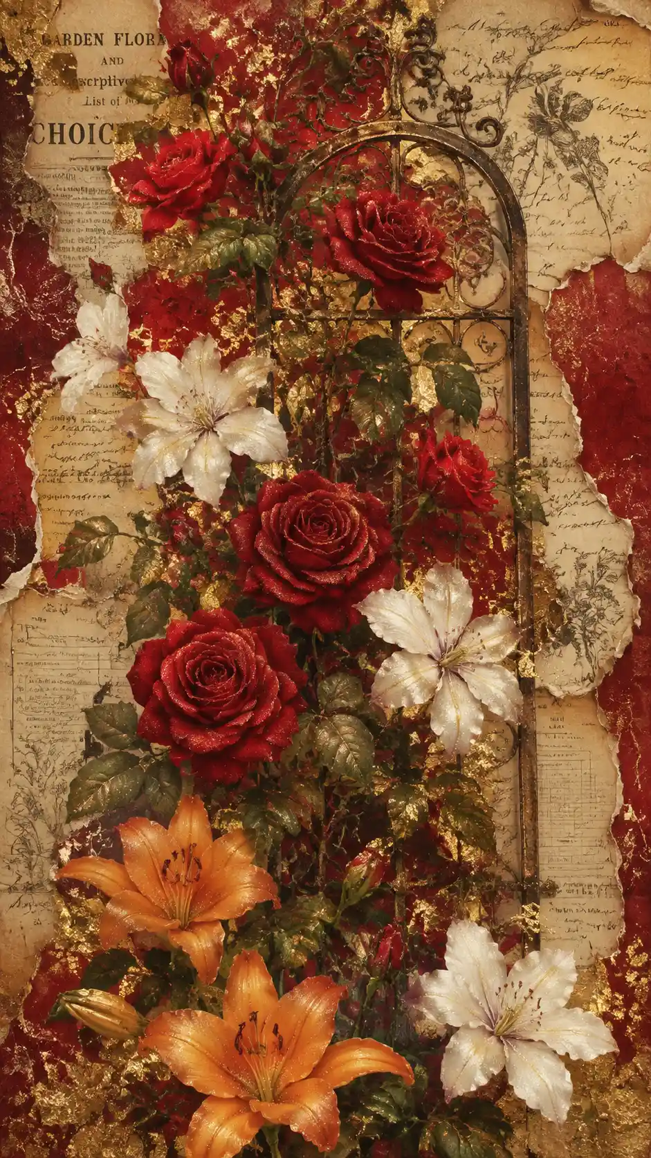 Rosas trepadeiras vermelhas com clematis branca em colagem vintage