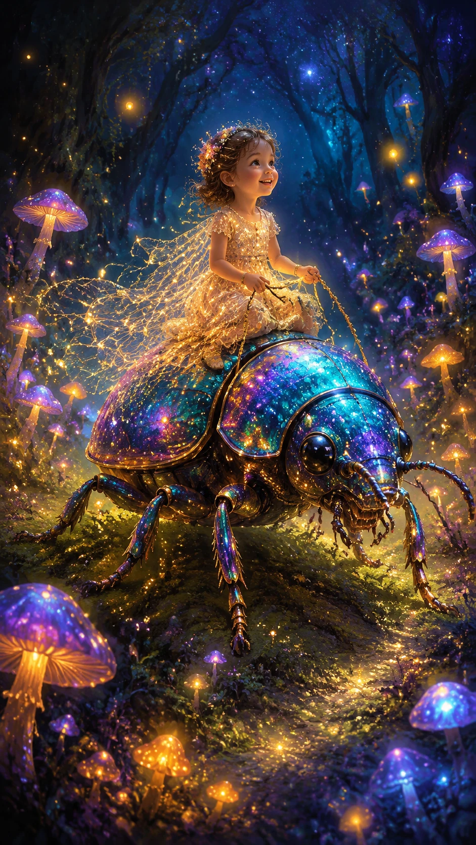 Child Riding A Glowing Beetle Through Enchanted Forest