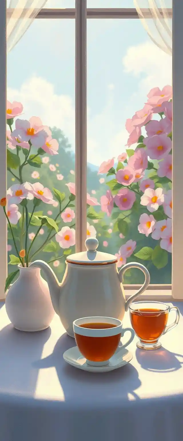 Honigglas und Teetasse auf einem pastellfarbenen sonnigen Tisch