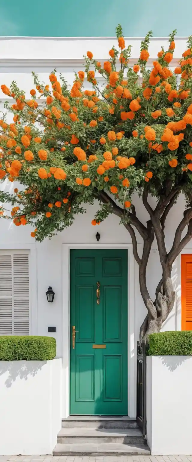 Flowering tree covering a white minimalist house facade