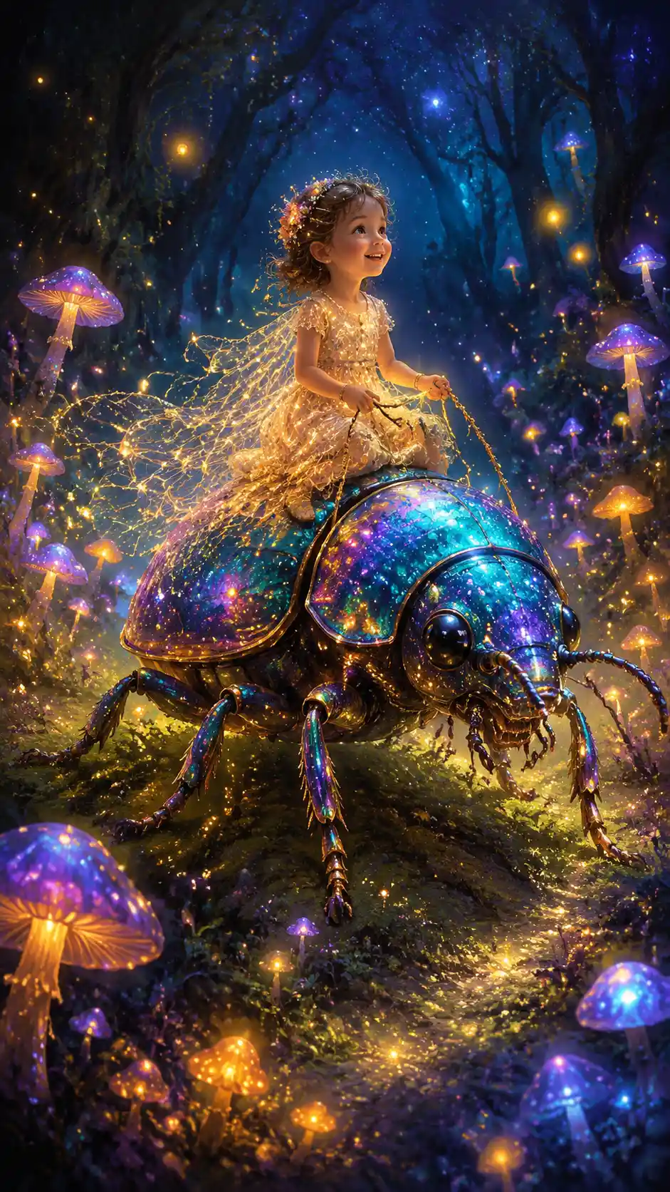 Child Riding A Glowing Beetle Through Enchanted Forest