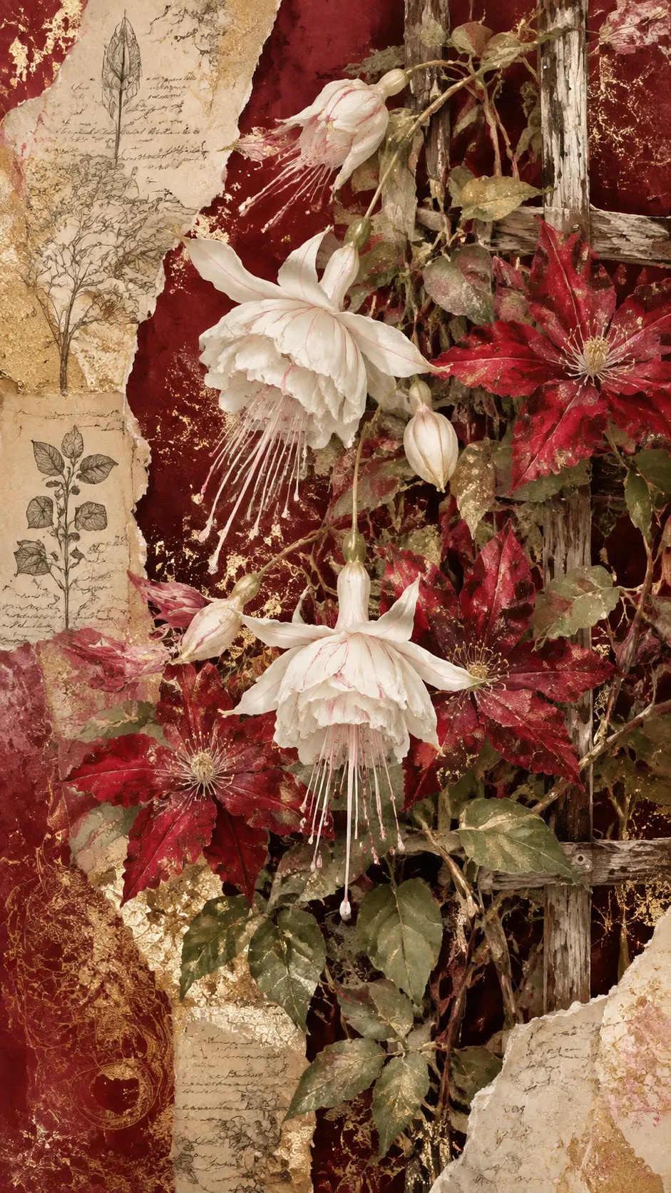 白色倒掛金鐘與紅色鐵線蓮的復古混合媒材拼貼畫