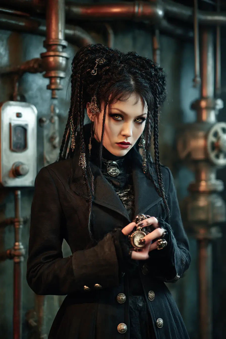 Mysterious steampunk woman with braids and timepiece
