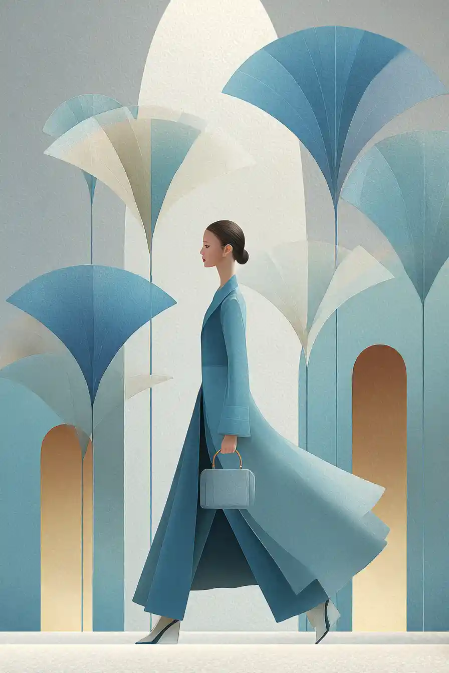 Mulher elegante de casaco azul caminhando por uma decoração surreal