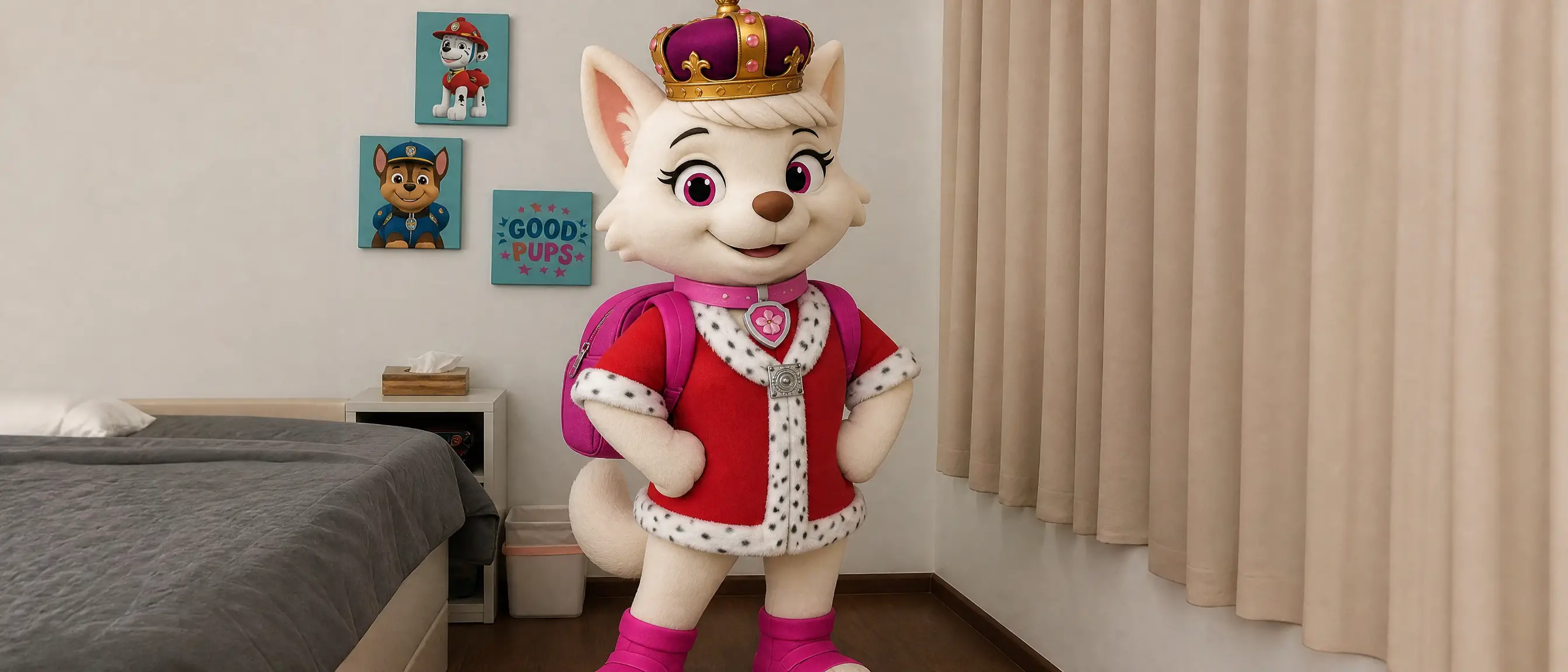 Dog mascot princess standing in a wide full body portrait
