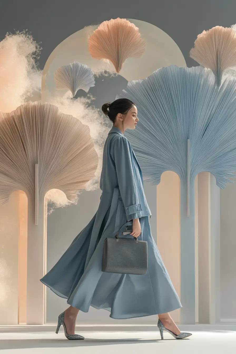 Woman in blue coat walking through surreal arched scene