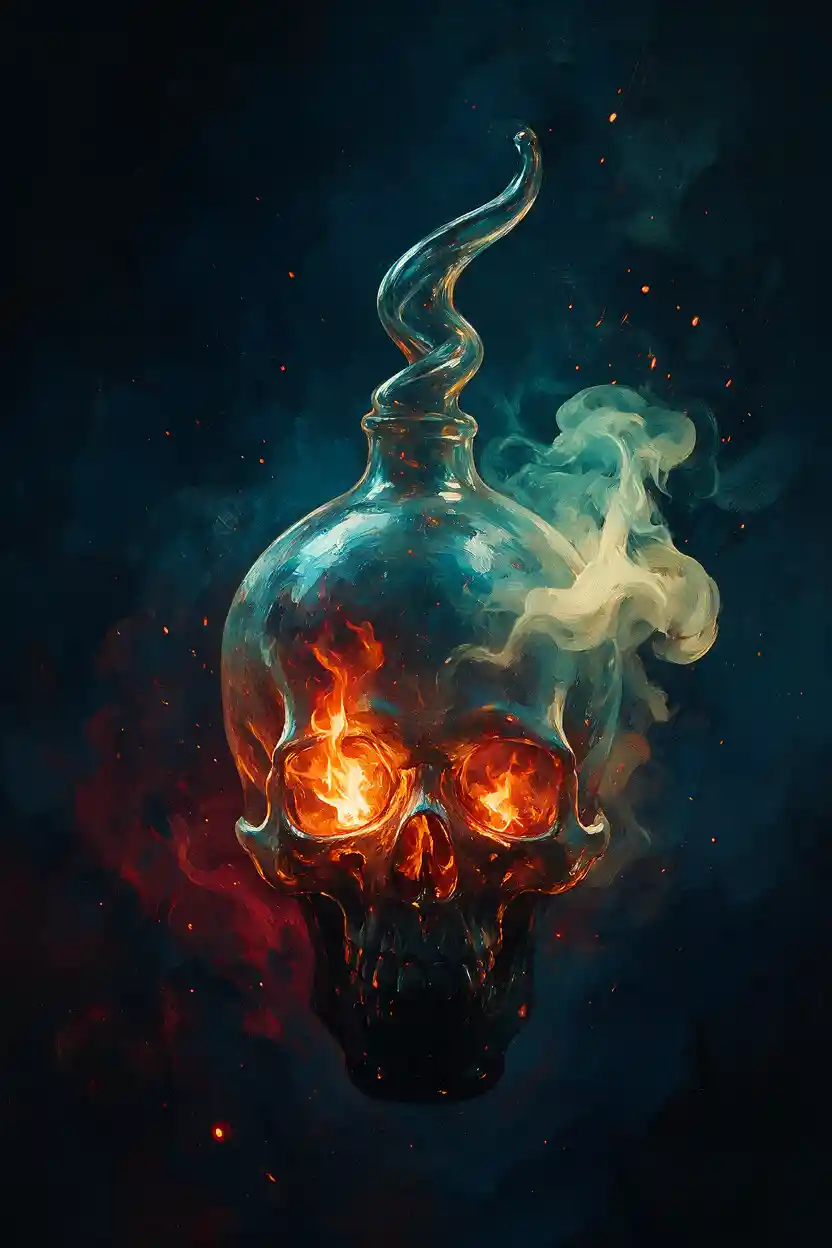 Surreal glass skull bottle glowing with inner flame
