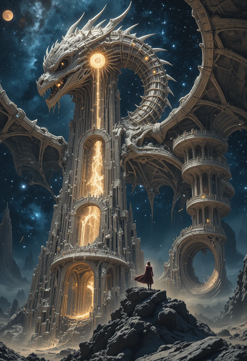 Cosmic lighthouse built within a colossal dragon skeleton