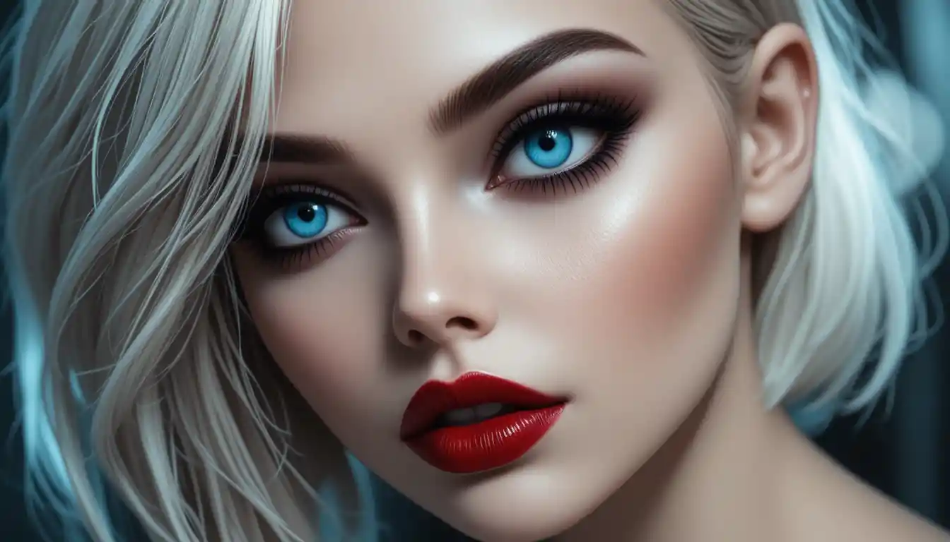Close-up de mulher com marcantes olhos azuis de inspiração felina
