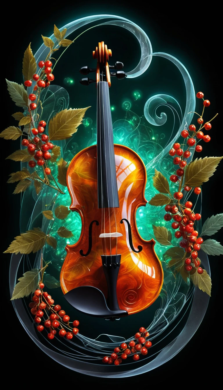Nature morte de violon en cristal mystique avec baies de sorbier lumineuses