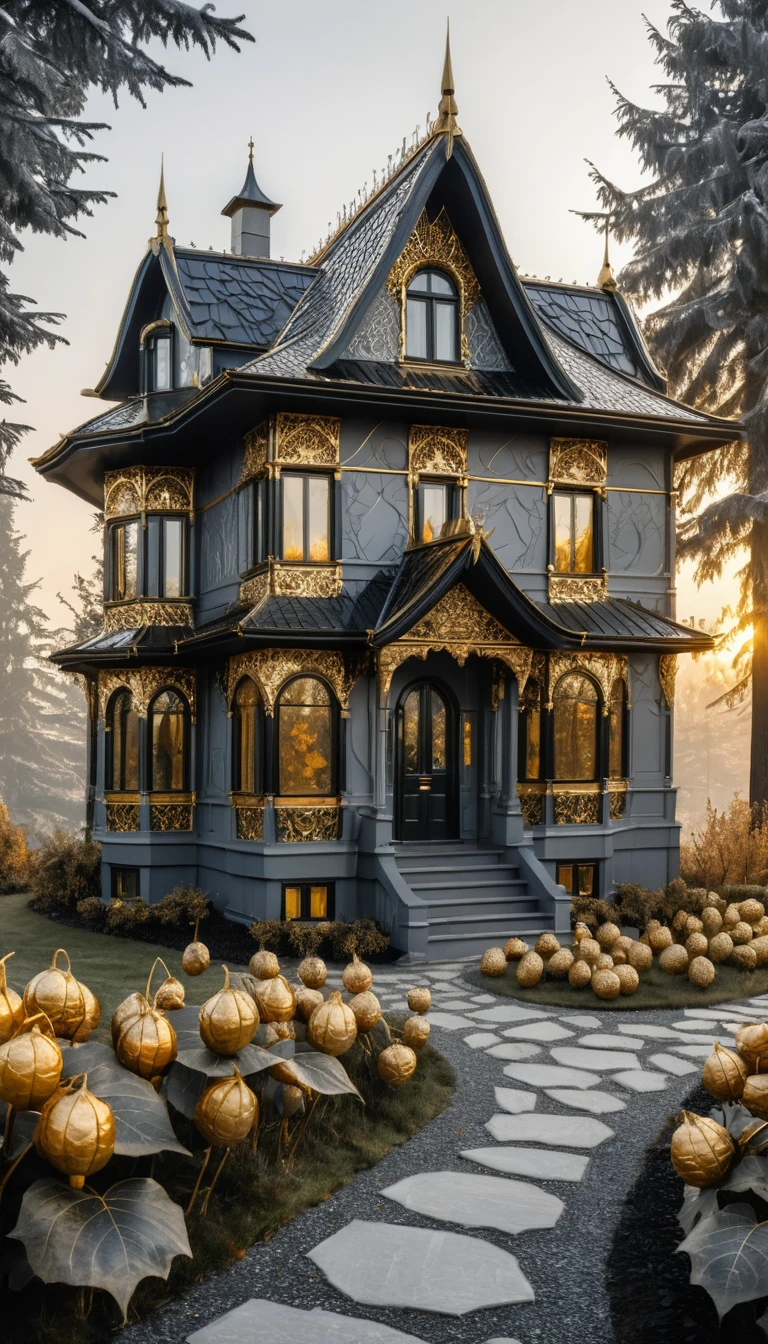 Casa dorada de fantasía bajo un imponente arbusto de fïsalis