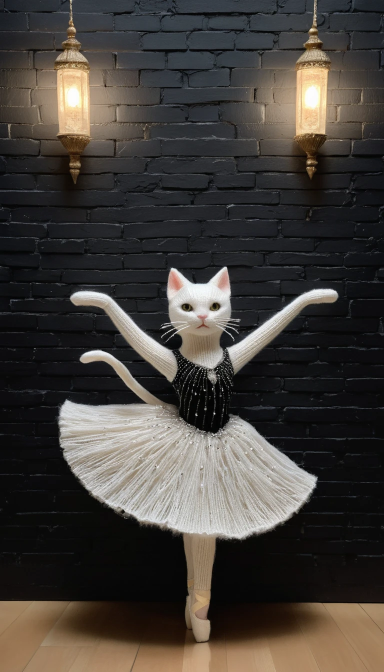 White knitted cat ballerina on a dim spotlight stage