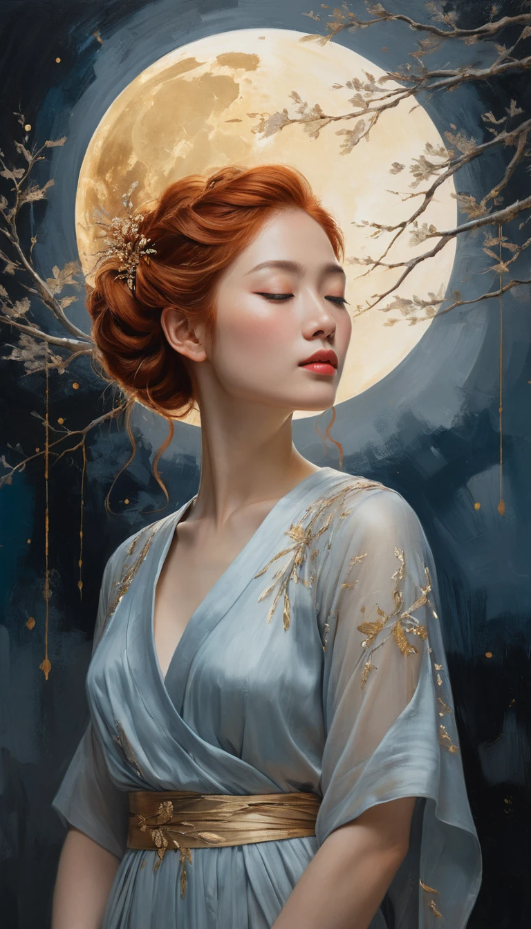 Mulher ruiva etérea diante de uma lua dourada brilhante