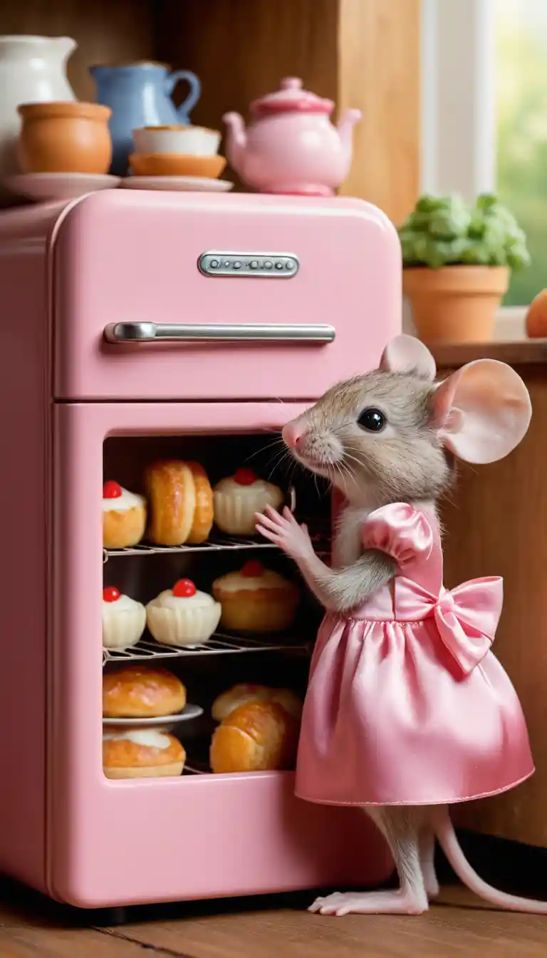 Adorável ratinho comendo em uma geladeira rosa