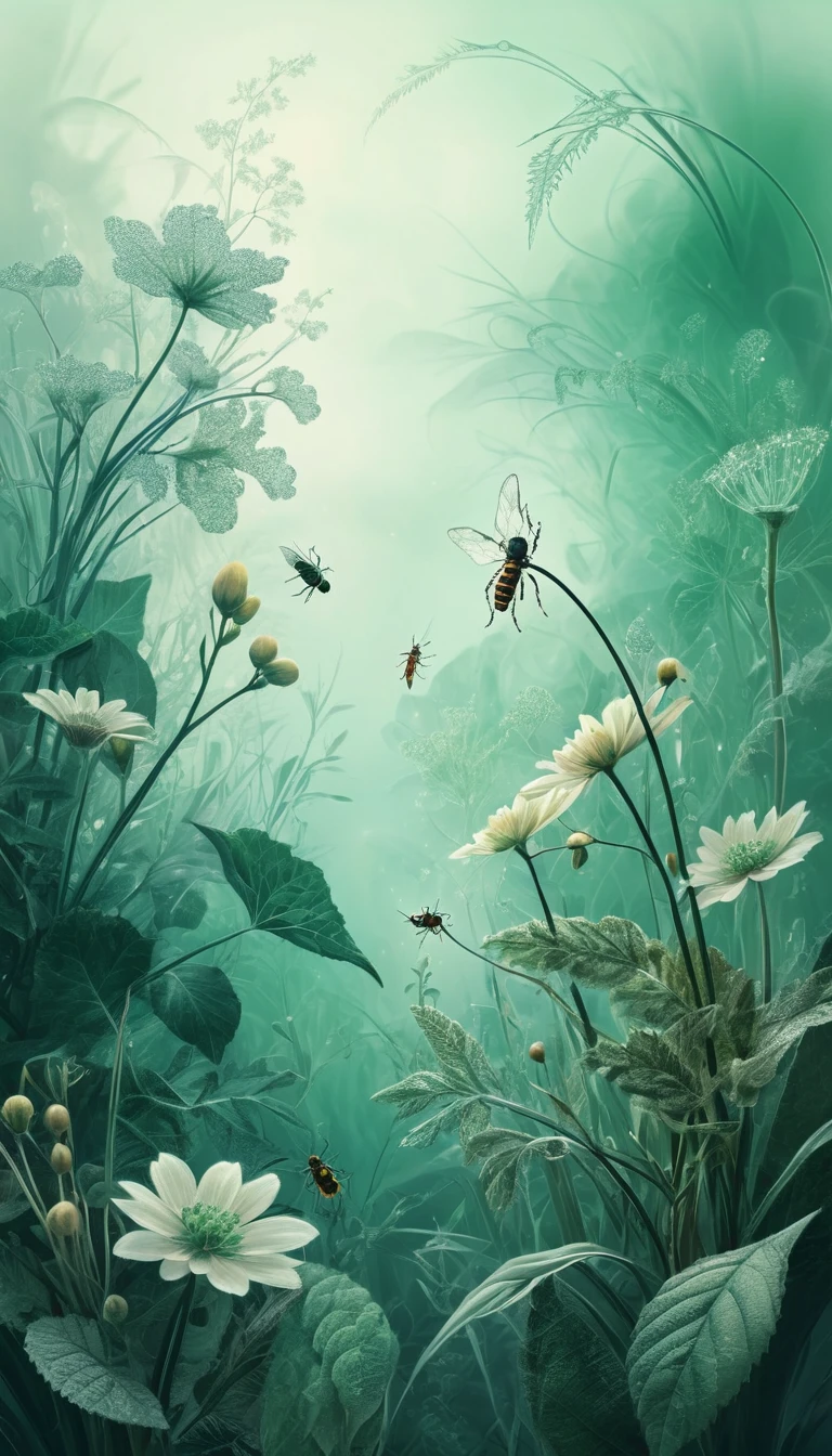 Gros plan éthéré de fleurs avec rosée et feuillage