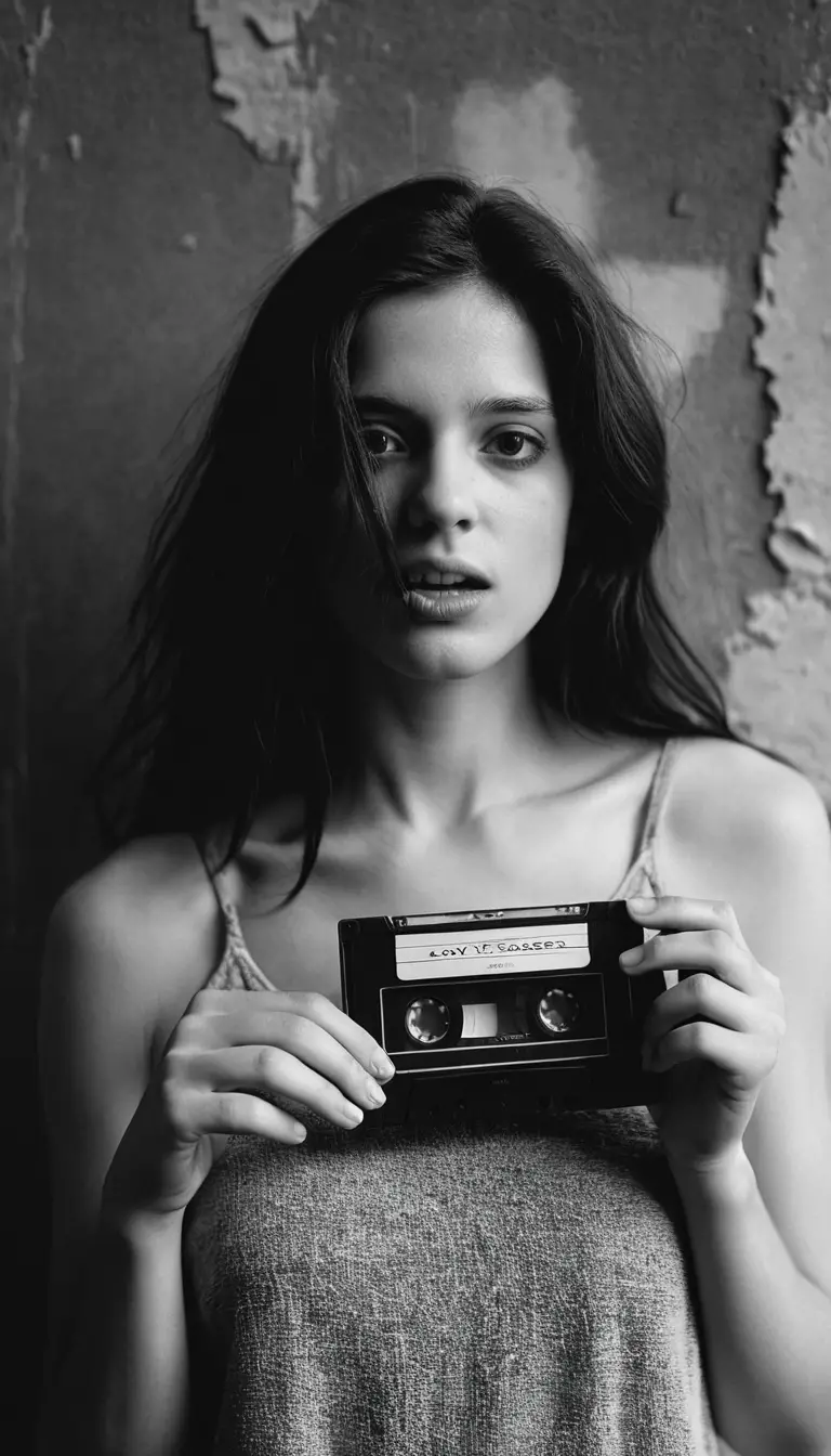 Femme criant derrière une cassette audio en noir et blanc
